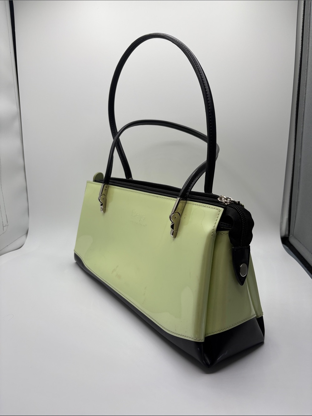 Beijo Y2K Two-Tone Patent Shoulder Bag in Light Green and Black